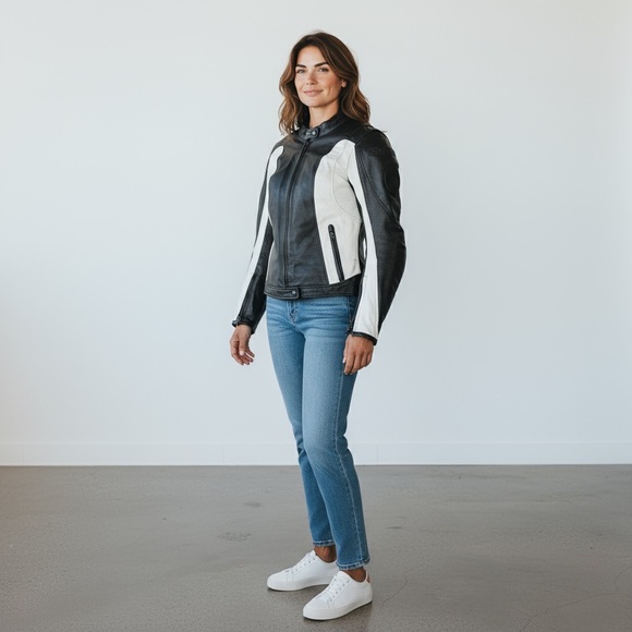 BILT Womens Leather Motorcycle Jacket With Padding sz S black white - Picture 11 of 11